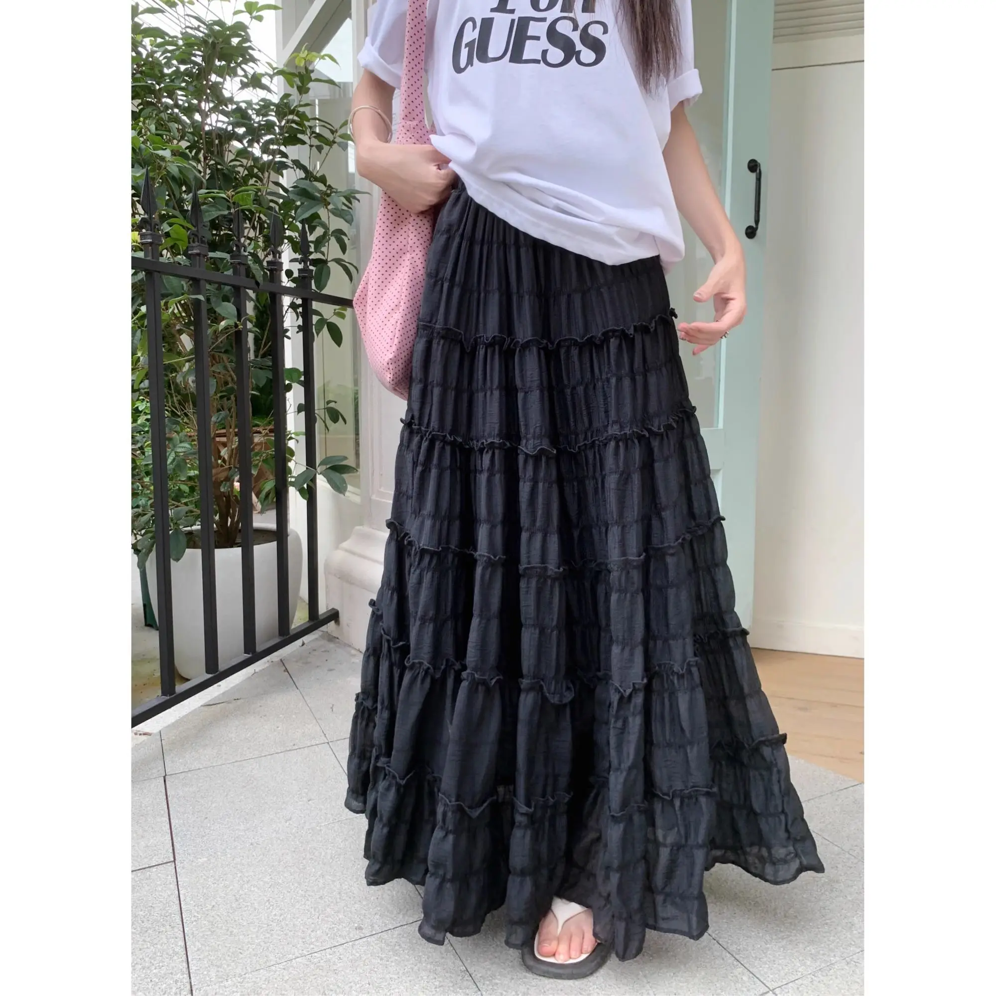 

Gagarich Versatile Texture Wood Ear Splicing Half Body Skirt for Women Summer 2025 New High Waist A-line Loose Cake Skirt