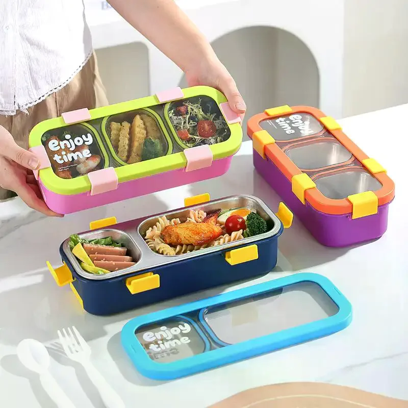 Rectangular Shape Stainless Steel Rice Box Well-Sealed Inner Layer Removable Divided Compartments For Students Office Use