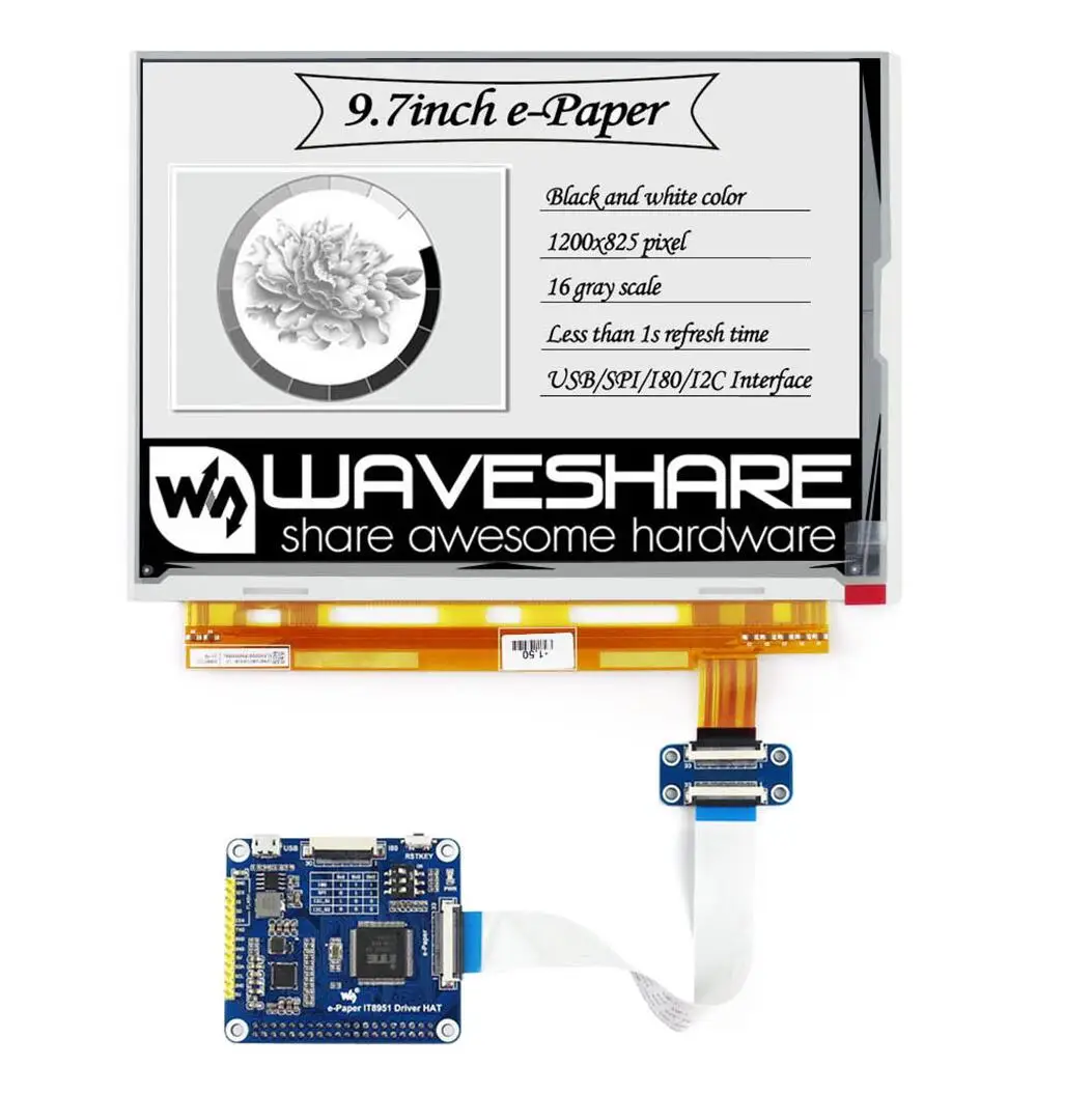 Waveshare 9.7 inch 1200*825 E-Ink Display HAT Supports Partial Refresh with Embedded Controller IT8951 for Raspberry Pi