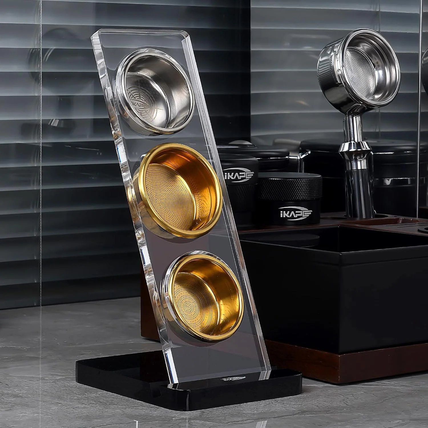 IKAPE espressomand displayrek, mandhouder, 6-delige mandrekset, compatibel met 54 mm/58 mm precisiemanden