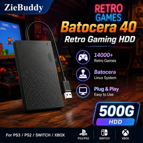 500GB Retro Gaming HDD with 14000+ Games Batocera 40 Linux Plug & Play External Game Drive for PS3 PS2 Gift