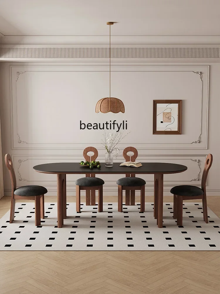 

Q181 Retro Black Stone Plate Dining Table French Household Ash Oval Arch Dining Table
