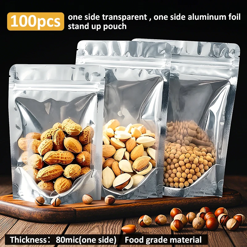 100pcs One Side Aluminum Foil One Side Transparent Stand up Pouch with Zipper Food Grade Ziplock Bags for Nuts Snacks Storage