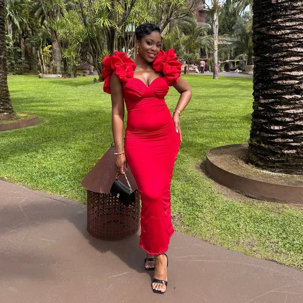 

Puff Sleeves Pandex Celebrity Dress Trendy Ruffled V Neck Women's Special Occasion Dresses Charm Satin Mermaid Prom Party Gowns