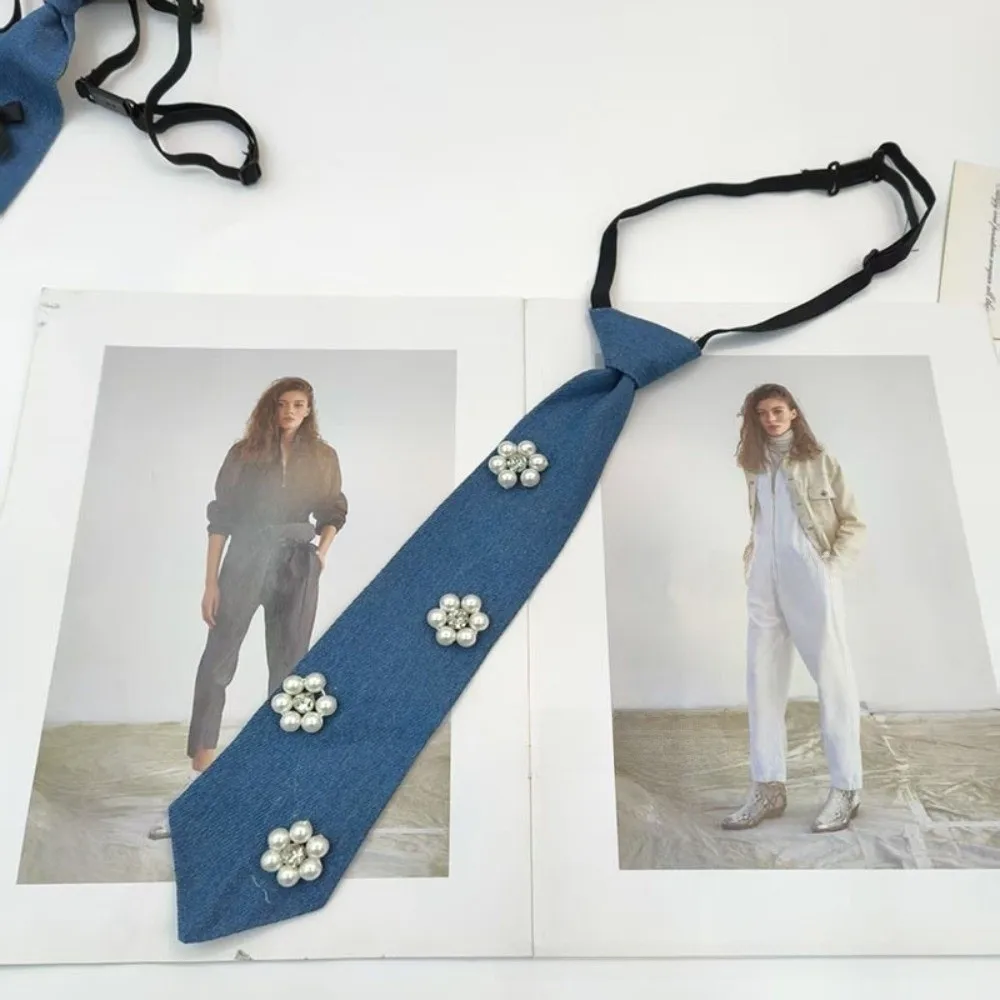 Cowboy Style Denim Pre Tied Necktie Beaded Adjustable Denim Chain Necktie with Tassel Jewelry Accessories Denim Pearl Necktie