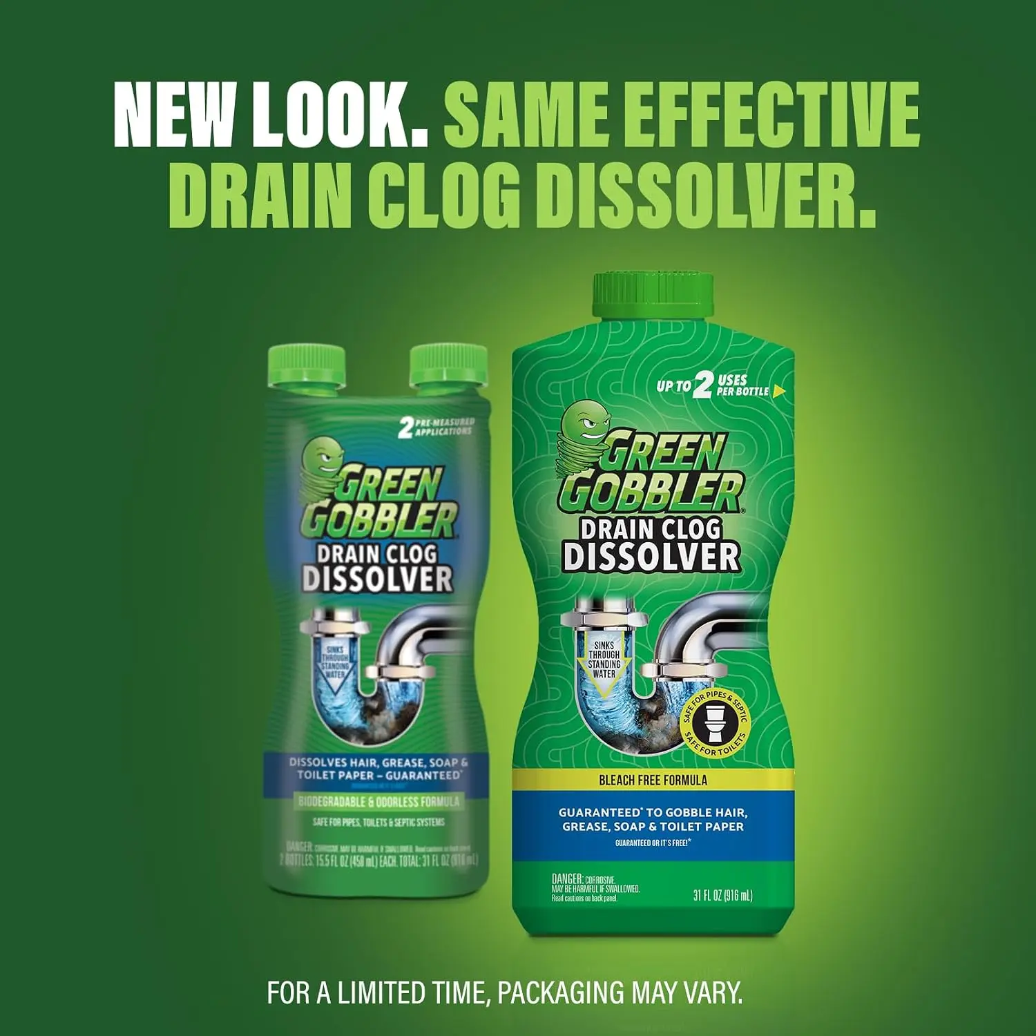 Drain Clog Dissolver, Liquid Opener for Toilet & Sink, Safe for Pipes, 2 Pack