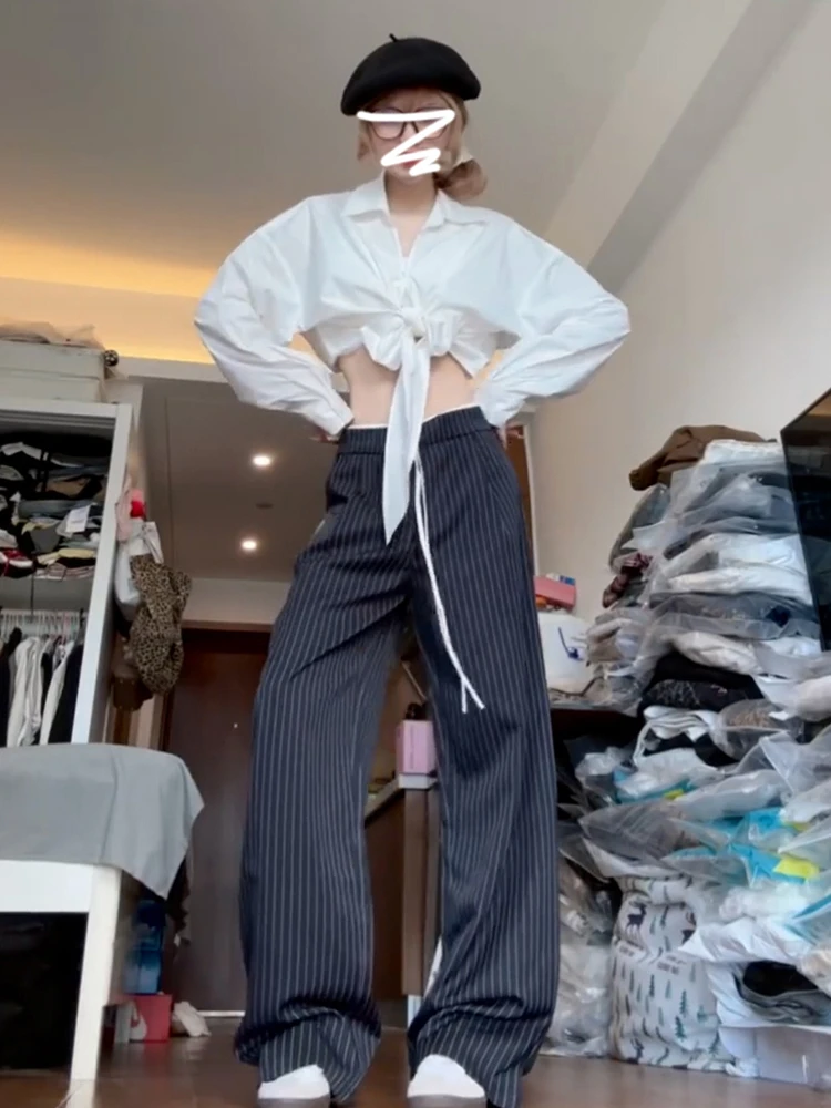 ブルーストライプのゆったりとしたカジュアルなワイドレッグスーツパンツ、女性用、秋の新作、BF風、ゆったりとしたロングパンツ、ハイウエストロングパンツ