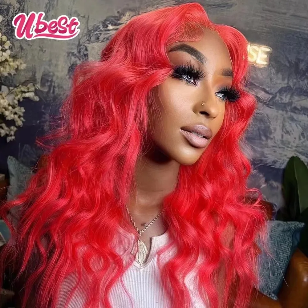 

Ubest Pink Red Colored Body Wave 13x6 Lace Front Wigs Brazilian 10A Human Hair Transparent Glueless Wig Pre Plucked For Women