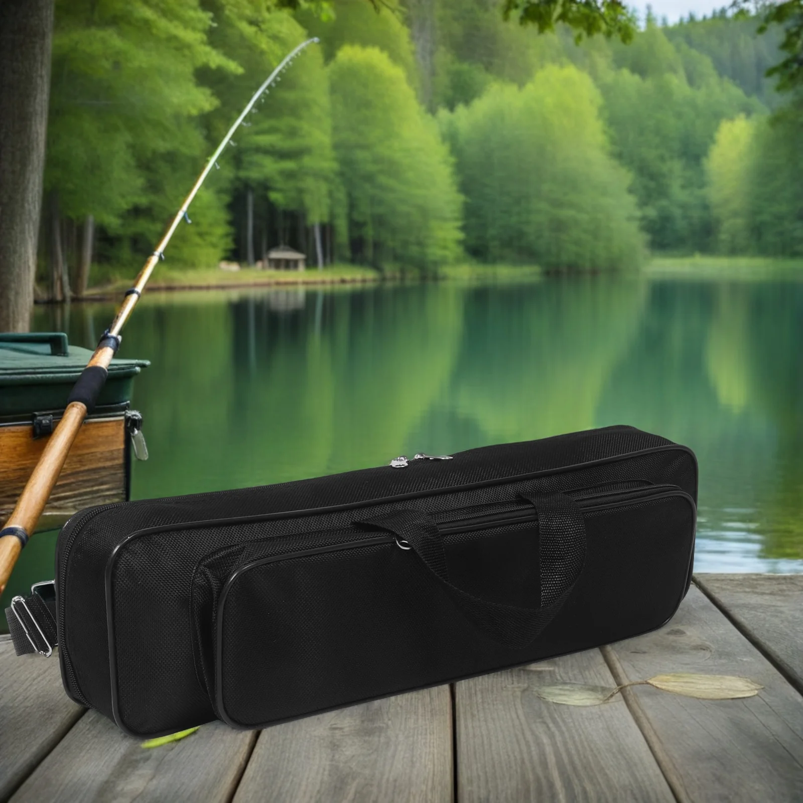 حقيبة صنارة الصيد المدمجة 50 سم إطار سلك فولاذي من قماش أكسفورد أنيق ومتعدد الاستخدامات لتخزين أدوات الصيد للصيادين