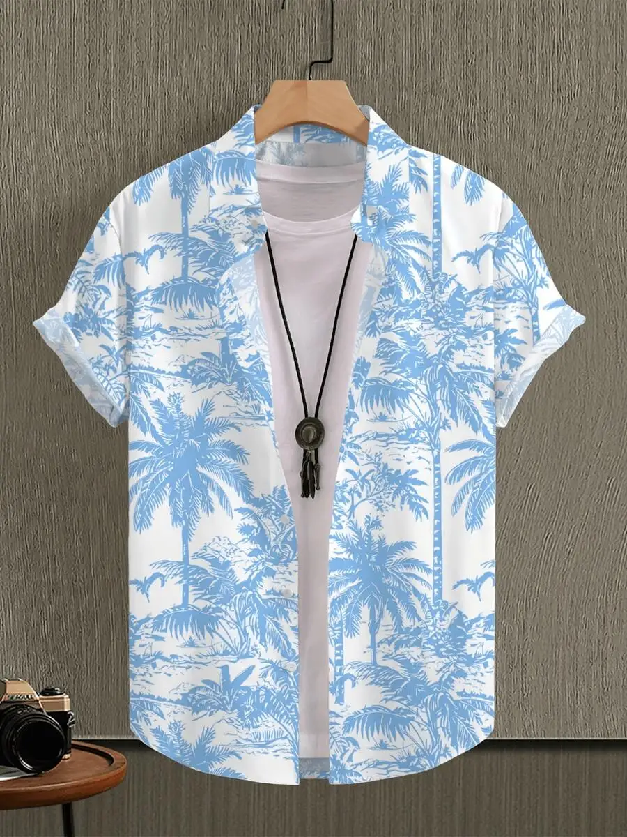 Blue Tropical Palm Print Casual Short Sleeve Men Button Up Shirt Beach Style Lightweight