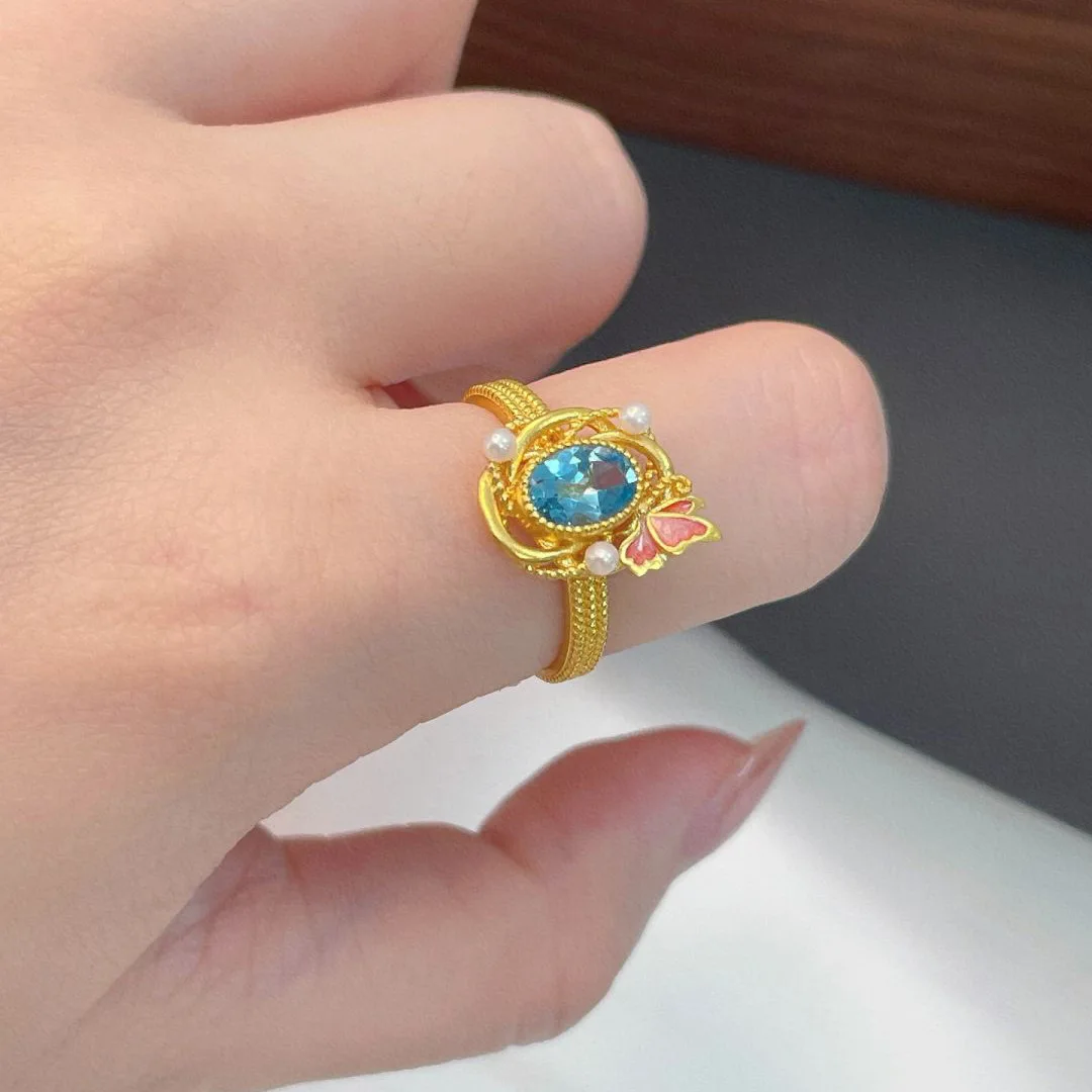 خواتم فراشة مرصعة بالأحجار الكريمة الزرقاء الإبداعية للنساء خاتم زفاف لؤلؤ فاخر خفيف هدية مجوهرات ساحرة