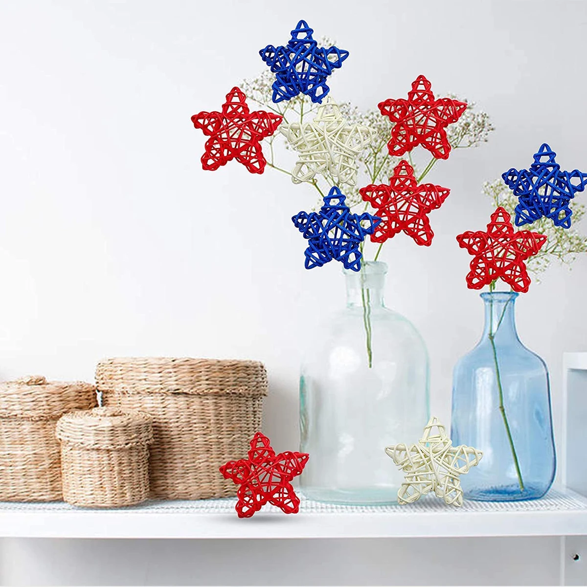 15Pcs 4th of July Star Rattan Balls Decoration Red Blue White Stars Wicker Ball for 2024 USA Independence Day Party Supplies