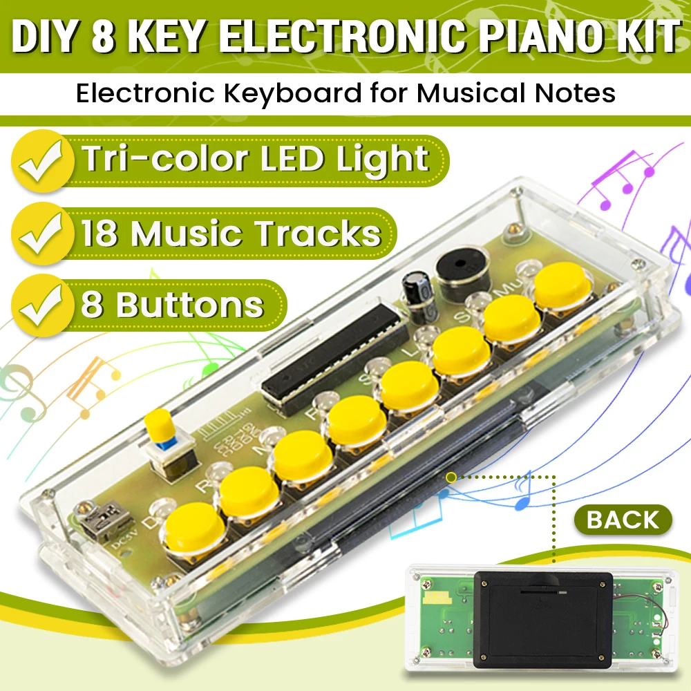 Kit de Piano Electrónico de 8 teclas DIY, montaje de práctica de soldadura, placa de circuito de nota Musical, Kit electrónico de bricolaje