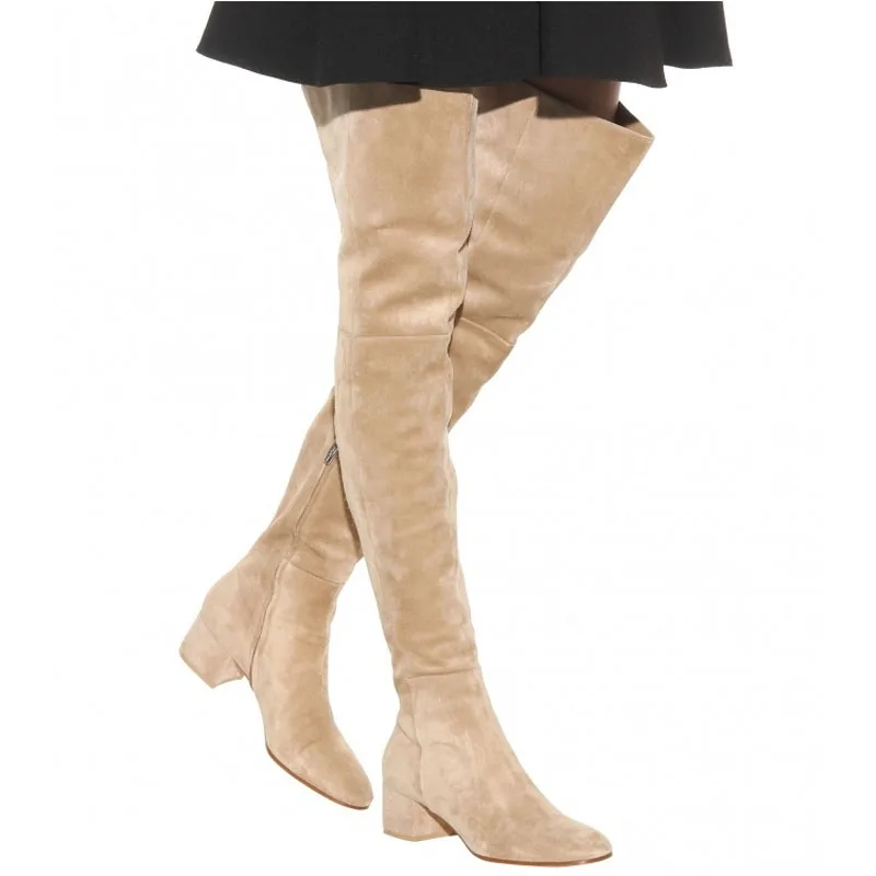 Female 3 cm Chunky Heels Thigh Suede Boots Winter Slim Fit Side Zip Knight Boots Round Toe Over Knee Boots Plus Size 46