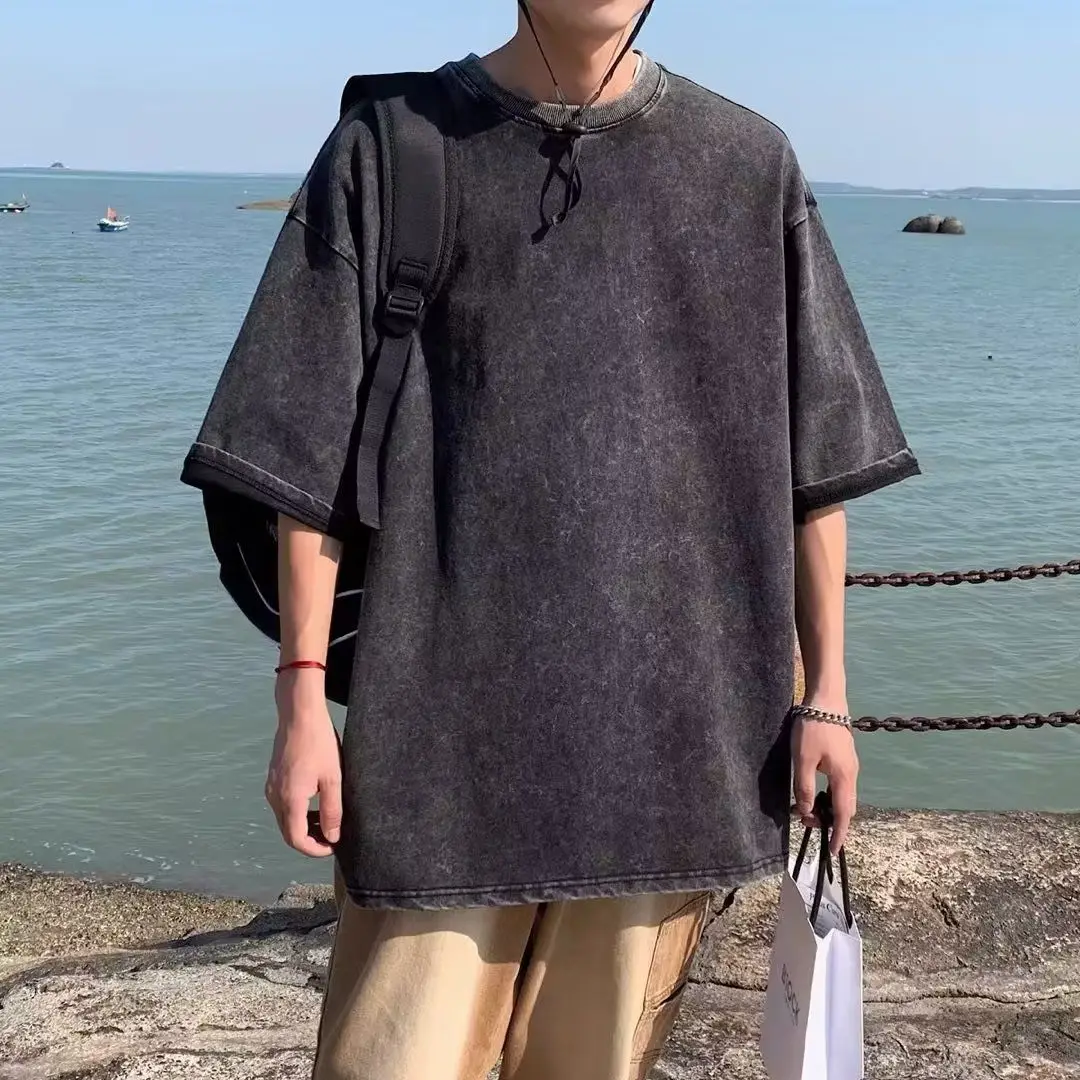 New Cross-border American Street Washable T-shirts for Men and Women, Casual Round-neck Washable Short-sleeved T-shirts