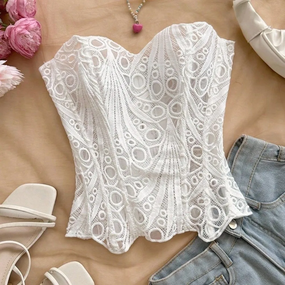 Close Fit Back Tie Hollow Out Corset Top Fishbone Irregular Hem Lace Corset Mesh Splicing Slimming Tube Top Women’s Wear