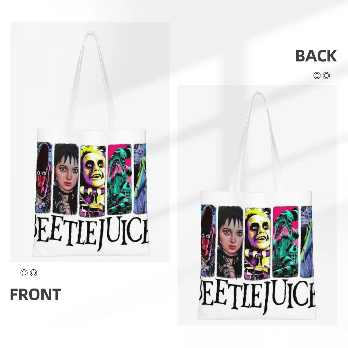 Custom Funny Printed Tim Burton Movie Beetlejuice Tote Shopping Bags Portable Canvas Shoulder Shopper Handbag