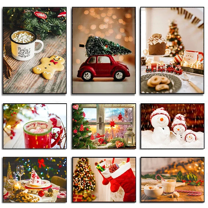 Christmas Tree Snowman Snowflake Cookies Canvas Painting Prints Wall Art Pictures Holiday Scenery Home Shop Decor Christmas Gift
