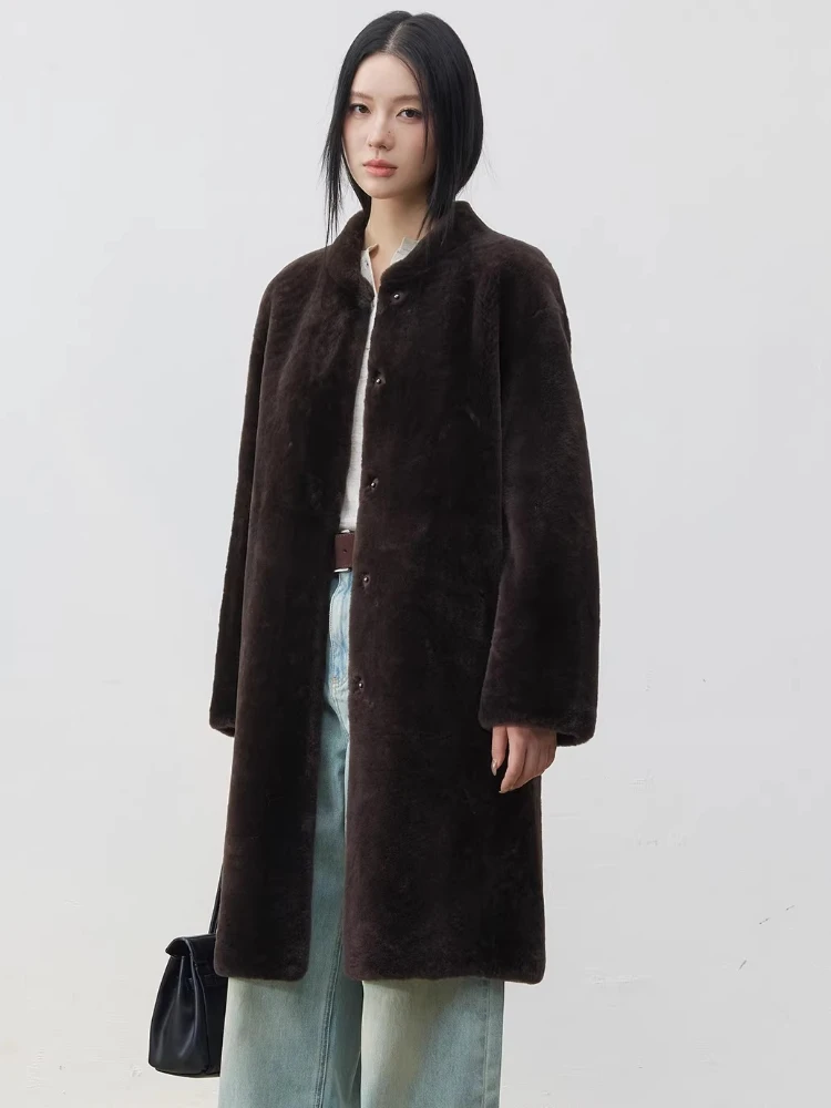 

High-end Luxury Merino Sheep Fur Plush Jackets for Women 2026 Simple Stand Collar Winter Genuine Leather Real Fur Shearling Coat