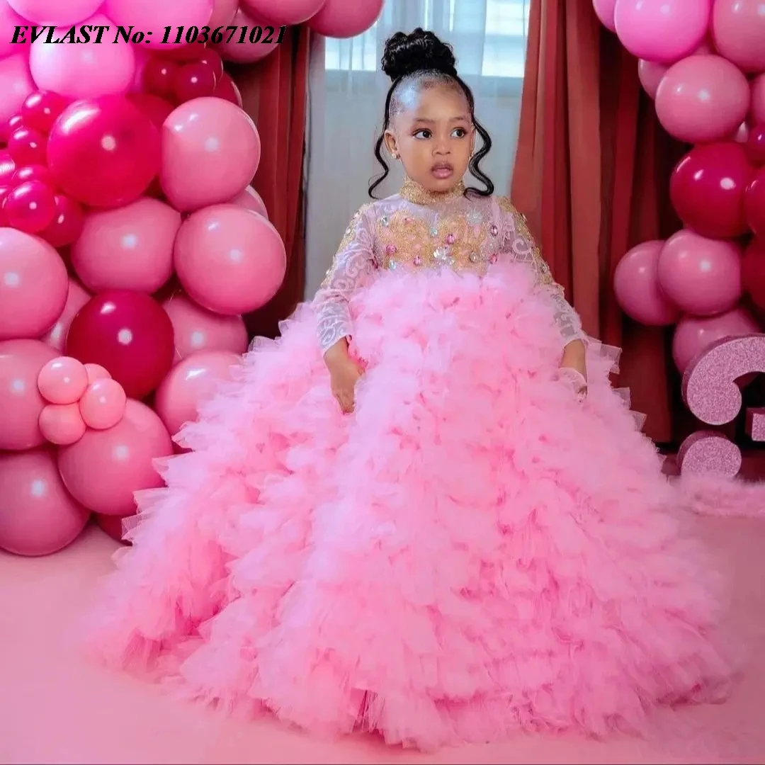 EVLAST Customized Pink Flower Girl Dress for Wedding Beading Princess Holy First Communion Dress Kids Birthday Pageant Gown FD40