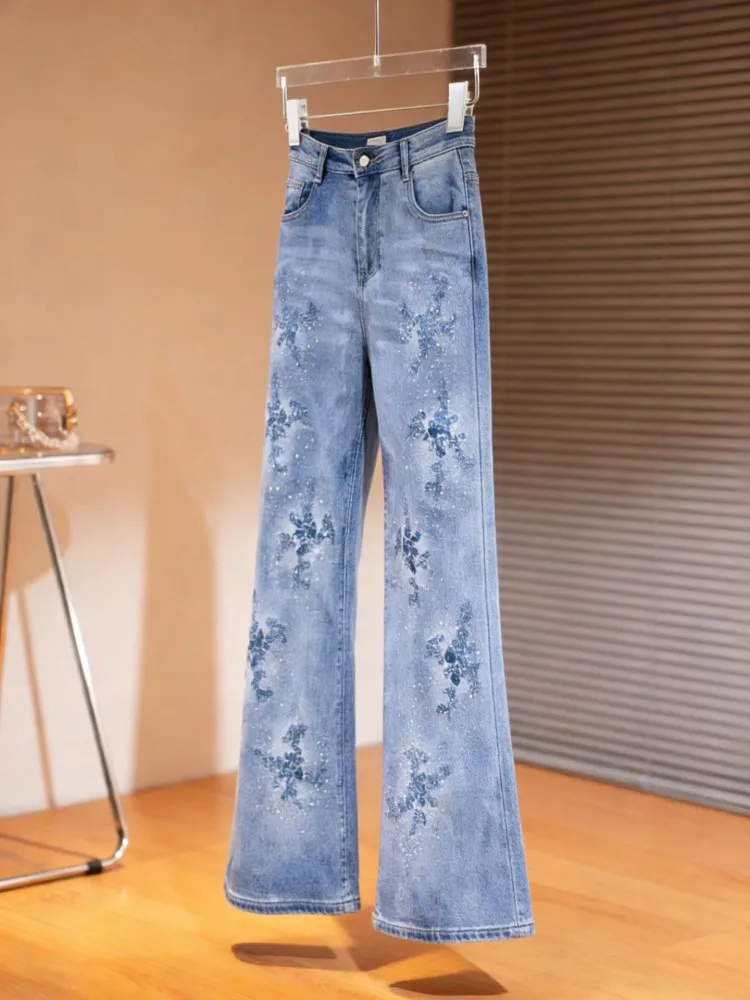 Female Top Quality Summer Vintage Embroidery Jeans Straight High Waist Slim Fit Casual Denim Pant Ladies Fashion Wide Leg Pants