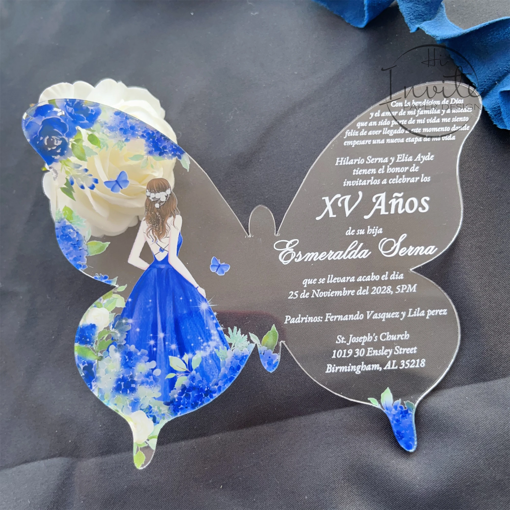 

Royal Blue Rose And Butterfly Quinceañera Invitation, Fancy Sweet 15 Spanish Invite, Personalize Modern Mis XV Anos Invite