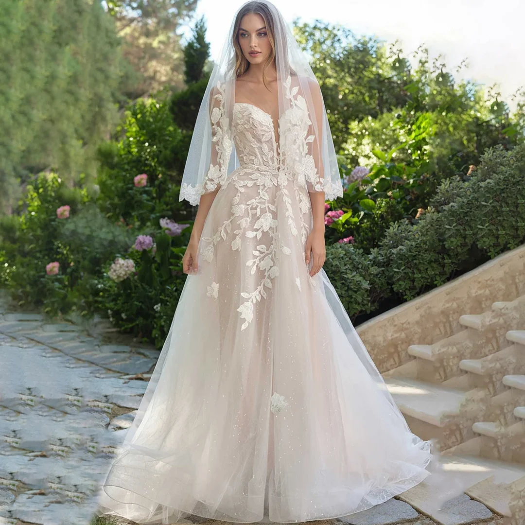 

Luxury Brides Wedding Dresses Tulle Strapless Sweetheart Lace Applique Formal Evening Gown Elegant Chic Bridal Dress With Sequin