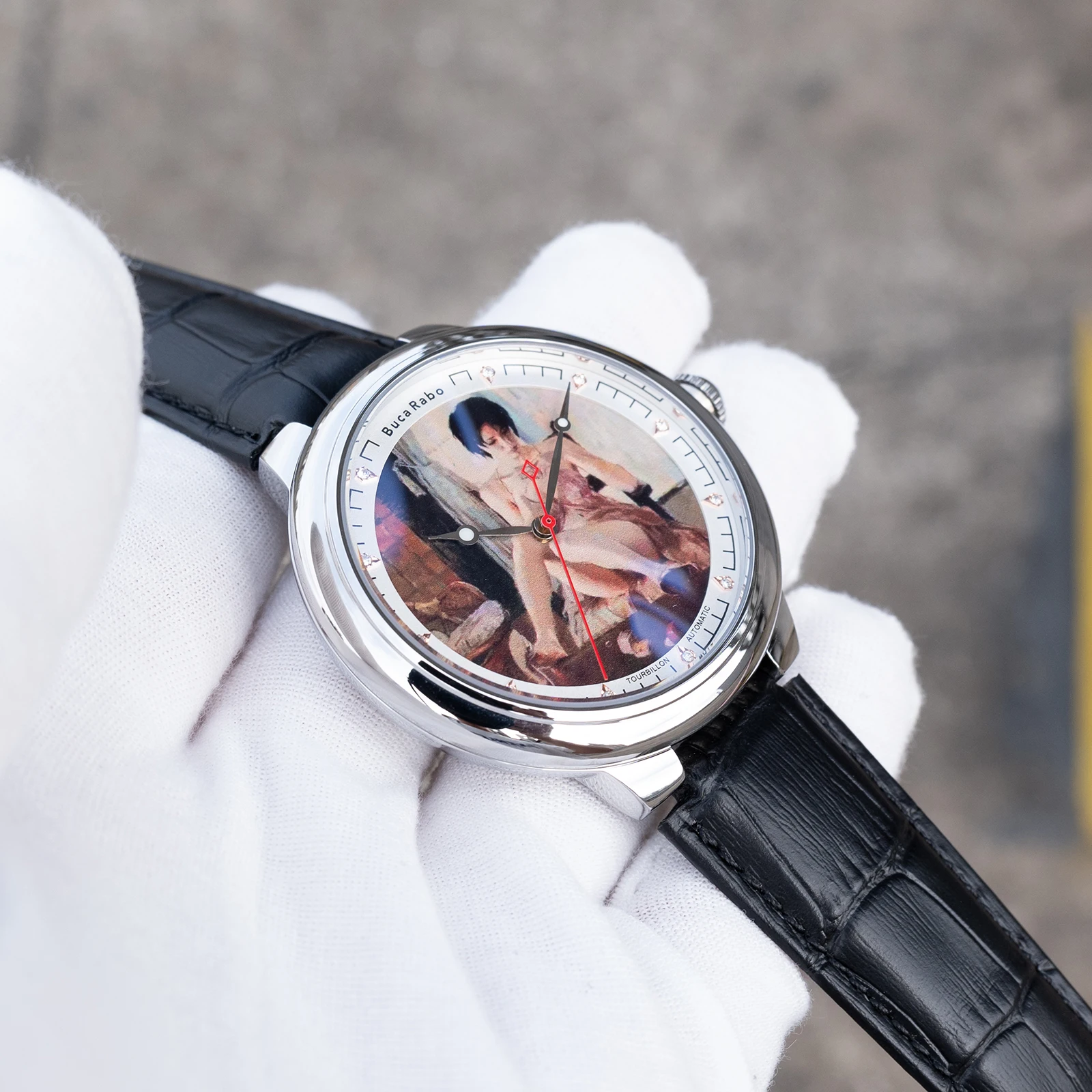 OBLVLO 45mm Men's Automatic Watch Designer Silver Case Black Leather Strap Classic Mechanical Timepiece with Sexy Girl Pattern
