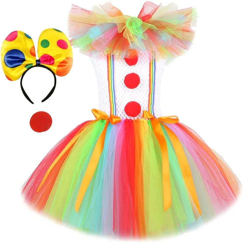 Girls Rainbow Clown Themed Tulle Tutu Dress Set Kids Fancy Costume For Halloween Children's Day Carnival Birthday Party Stage