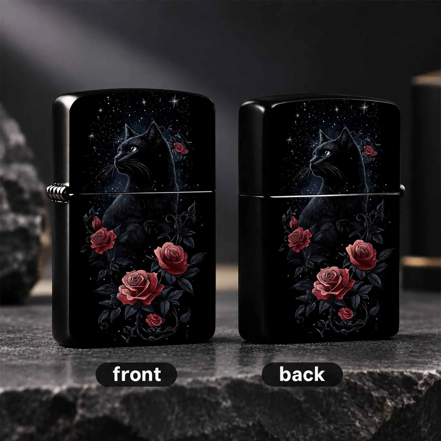 Exquisite Lighter With Night Starry Sky Black Cat And Red Rose Art Pattern, Gothic Aesthetic Decorative Style, Suitable For Daily Carrying, Home Leisure, Outdoor Trip, Party Gathering And All Scenarios, Unique Artistic Practical Item For Pe