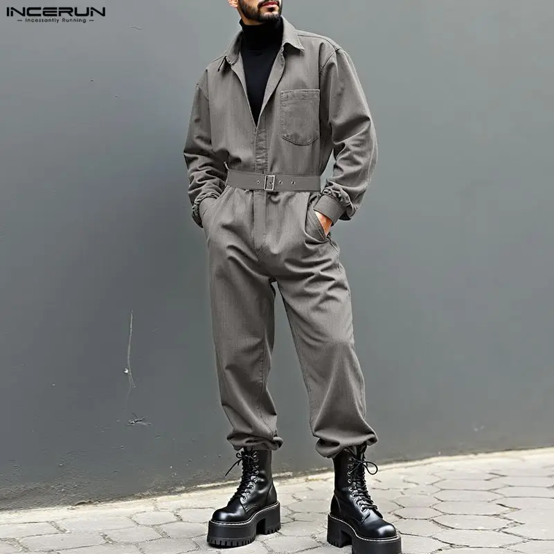 INCERUN Men Jumpsuits Solid Color Lapel Long Sleeve Casual Rompers Men Streetwear Loose Fashion Leisure Men Cargo Overalls S-5XL