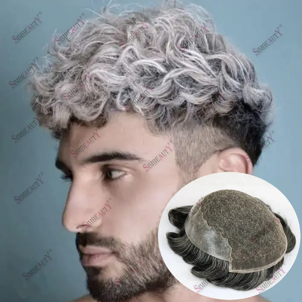 

Natural Hairline Bleached Knots 20mm Curly Durable Grey Black Q6 Swiss Lace Toupee for Men Human Hair Capillary Prosthesis Hair