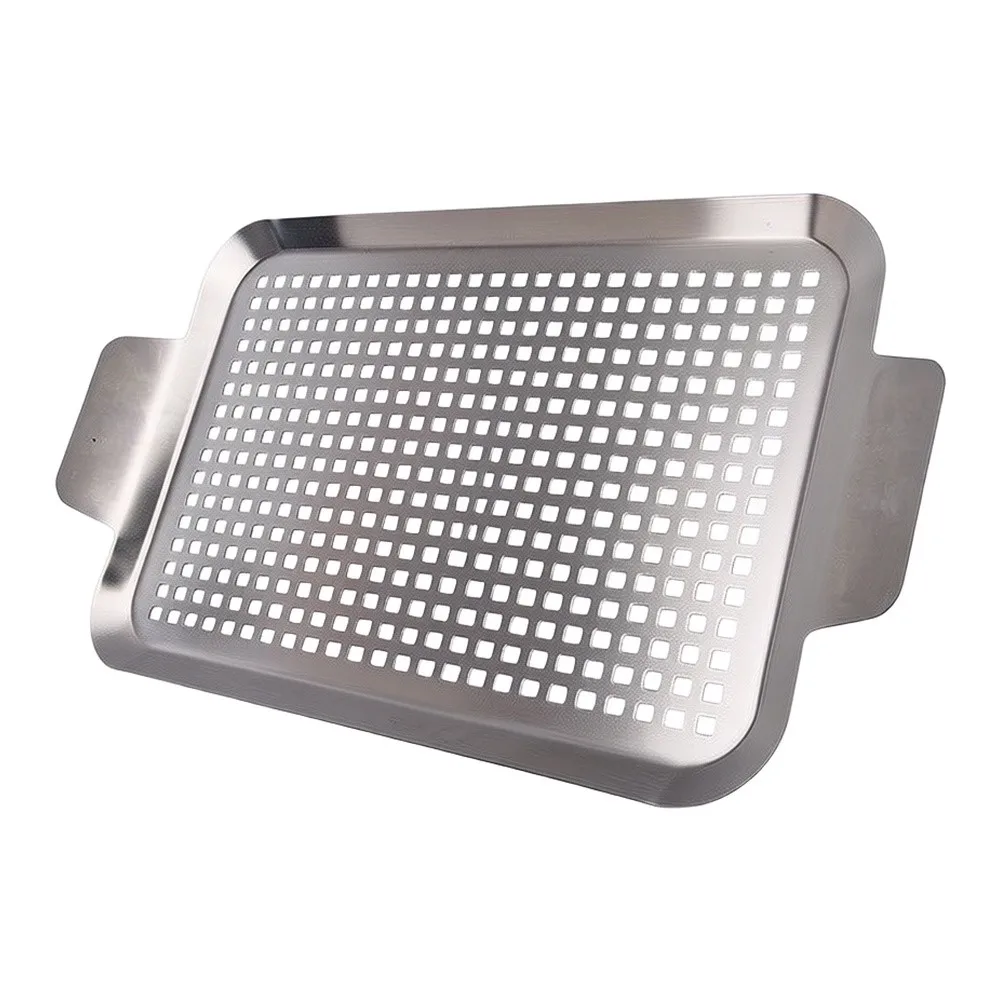 1Pcs Stainless Steel Grill Pan Grill Basket Grilling Accessories With Handles And Drainage Holes Barbecue BBQ Grill Trays