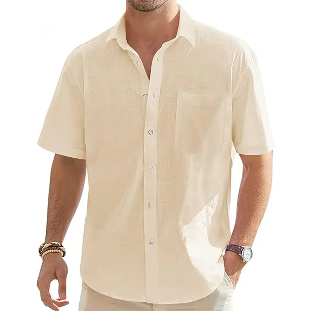 

Summer Men's Casual Beach Solid Color Short Sleeve With Pocket Shirts Cotton Linen Lightweight Vacation Beach Daily Tops