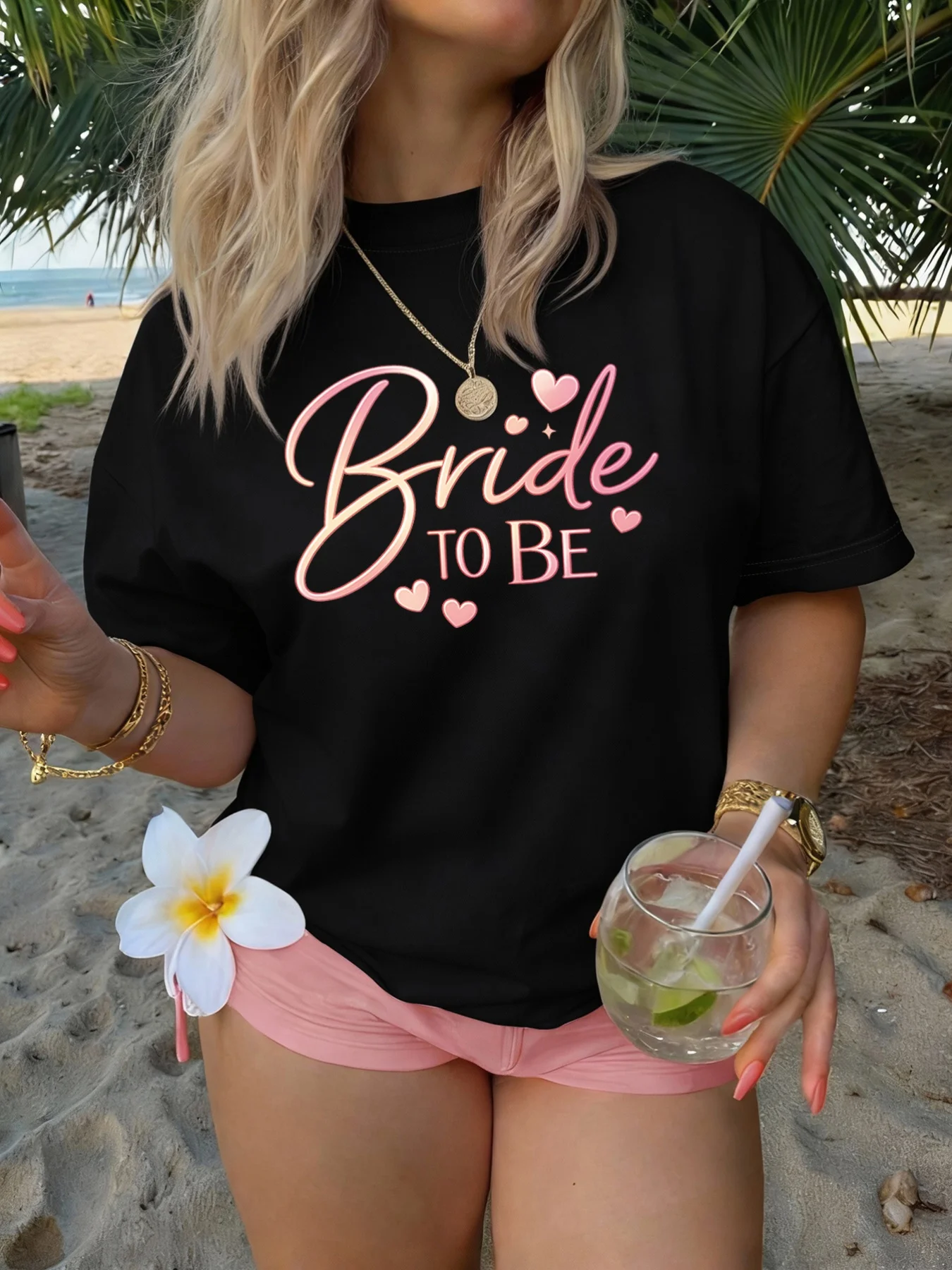 Women'S Sleeve Round Made and Easy Care Featuring Casual Design Words 'Bride To Be' Pink Heart Print Summer 2026 Perfect Travel