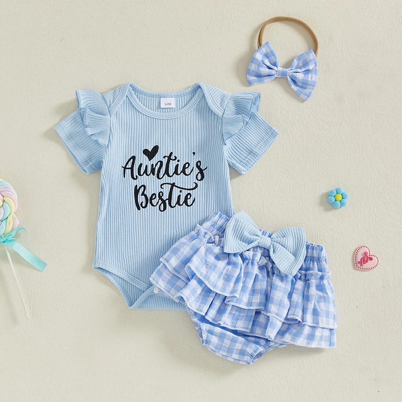 

Listenwind Baby Girl Shorts Set Letter Heart Print Short Sleeve Ribbed Romper Plaid Layered Ruffle Shorts Headband 3Pcs Set