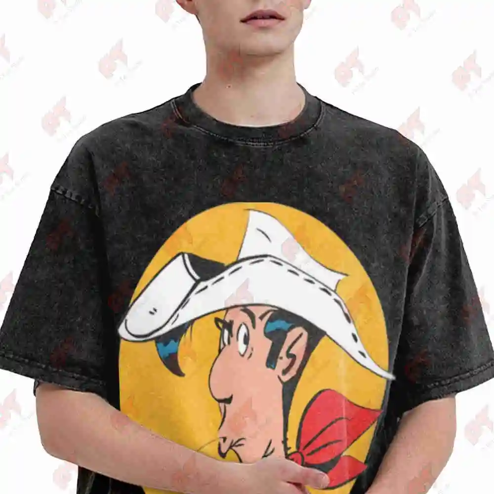 Lucky Luke Funny Cartoon Western Vintage Washed Tee Pure Cotton T-Shirt