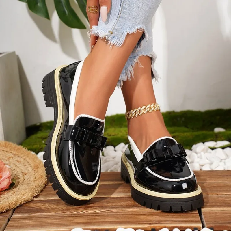 Women's Loafers Round Toe Chunky Platform Heel Glossy Finish Slip-On Casual Shoes with A Decorative Bow Detail Textured Outsole