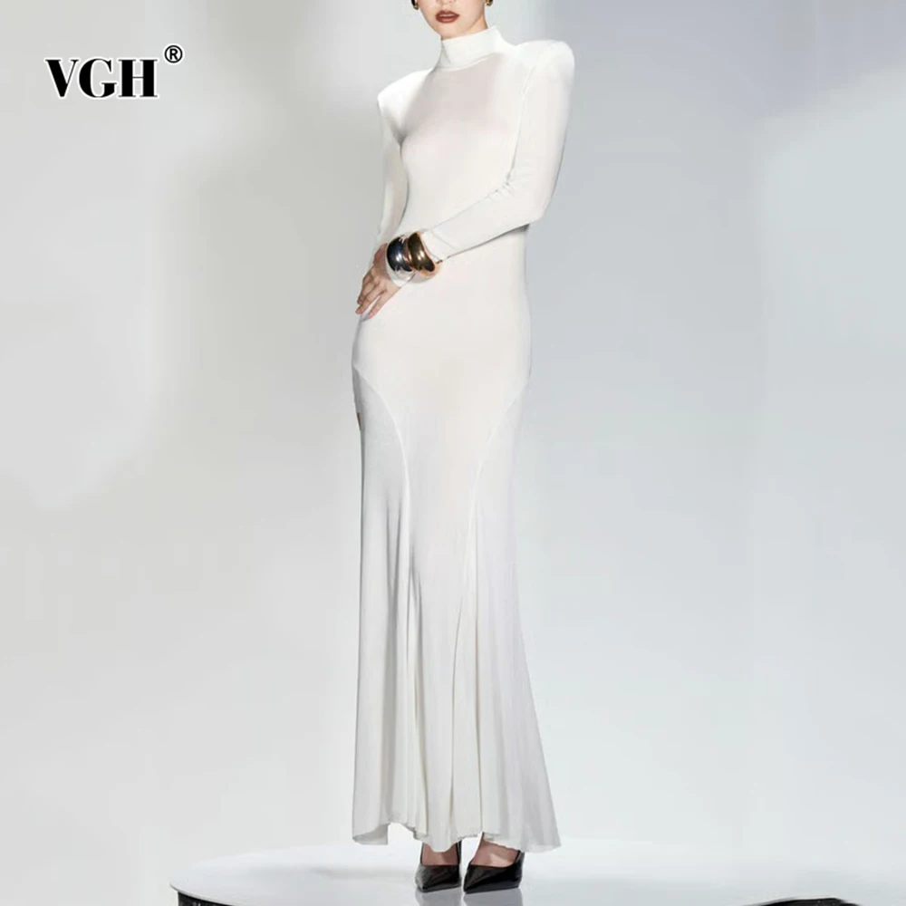 

VGH Temperament Slimming Solid Dresses For Women Turtleneck Long Sleeve High Waist Elegant Draped Dress Female Fashion Style New