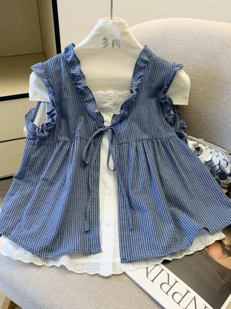 

Ретро-рубашка в синюю клетку для женщин, летняя, свободного кроя, с рукавами-фонариками, с деревянным воротником, имитация двухслойности, дышащая, в корейском стиле, блузка