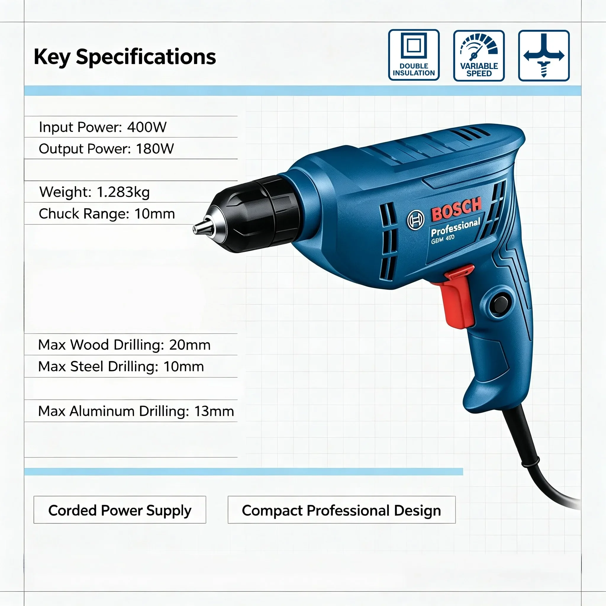 Bosch GBM400 Electric Screwdriver Household Multifunctional Electric Drill 2800RPM 10mm Chuck Size