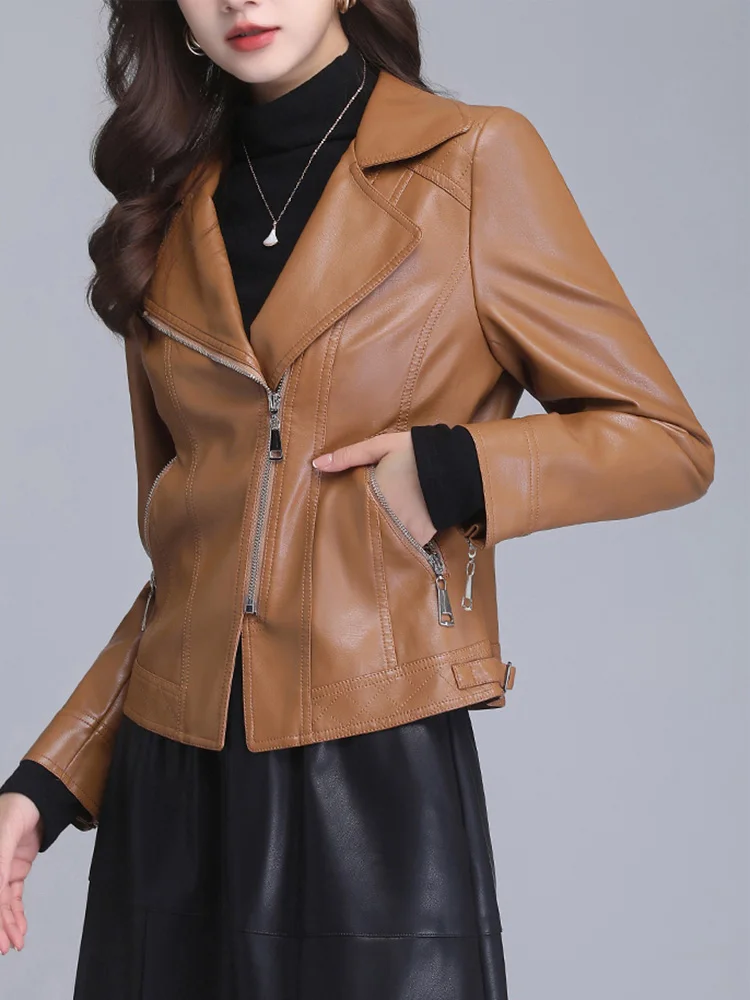 New Women Moto Leather Jacket Spring Autumn Fashion Suit Collar Slim Biker Coat Split Leather Outerwear Sheepskin Tops Coat