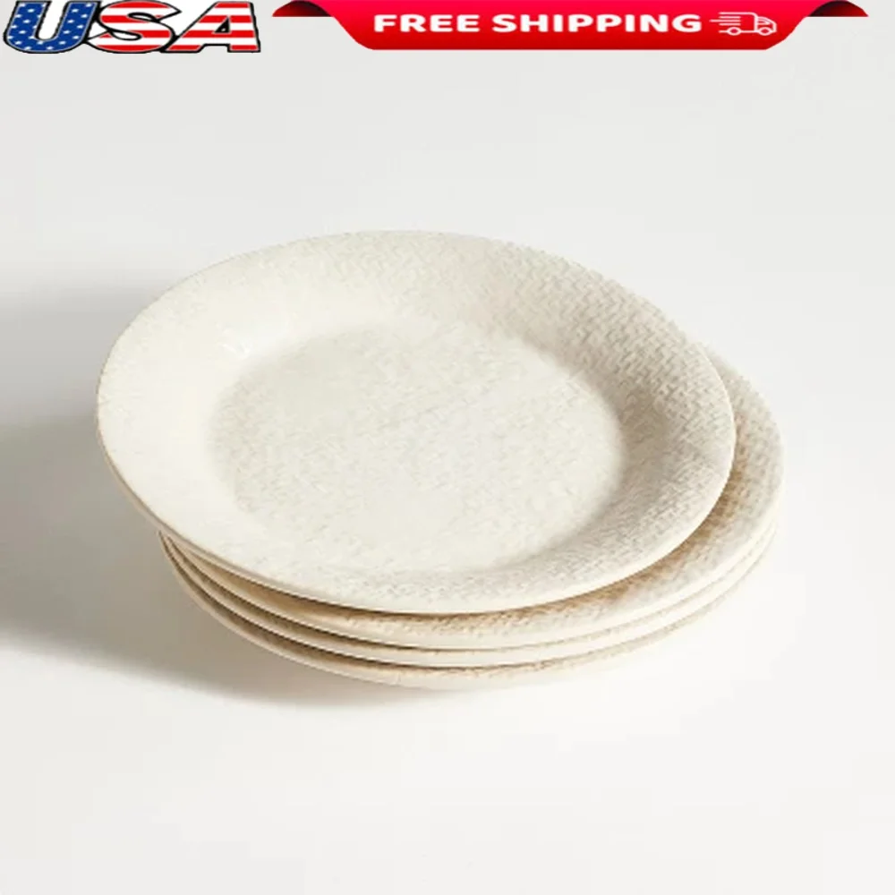

4pc Stoneware Salad Plates Set Round Scratch Resistant Dishwasher Microwave Safe Woven Texture Ideal Everyday Dining