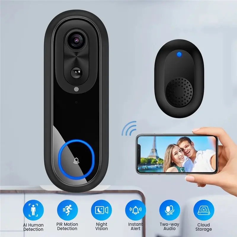 AT02-5G Wifi 2.4G Video Doorbell 1080P Smart Intercom IP65 Waterproof Camera Ring Bell With 7000Mah Battery