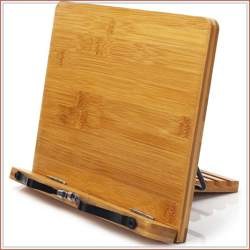 Adjustable Bamboo Book Stand with Page Clips, Portable Reading Holder for Cookbooks, Textbooks, and Music Scores