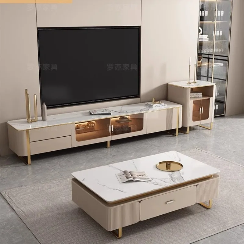 شقة صغيرة فاخرة وحديثة الراقية طلاء الشمبانيا خزانة أرضية غرفة المعيشة بلاطة الصخور طاولة القهوة مجموعة خزانة التلفزيون