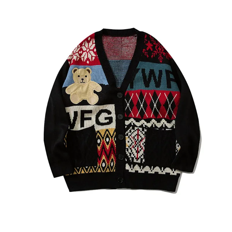 Ugly Christmas Sweater Cute Bear Top Oversize Men High Street Knitting Sweater V-neck Single-breasted Pullover Women Couple Coat