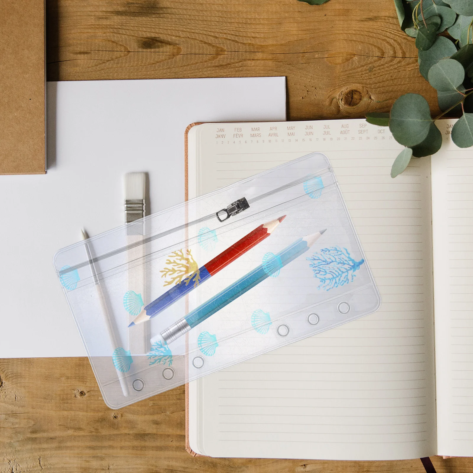 

Reusable Binder Zipper Pouches PVC Shell Notebooks Envelope Storage Scrapbooking Ocean Series A6 Hole Punch Pocket