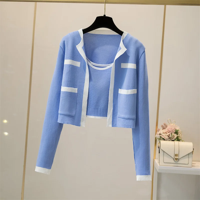 Contrast Color Knitted Cardigan Coat Long Sleeve O-Neck Sweater Jacket Women\'s 2023  New Autumn Vest Top Two-piece Set