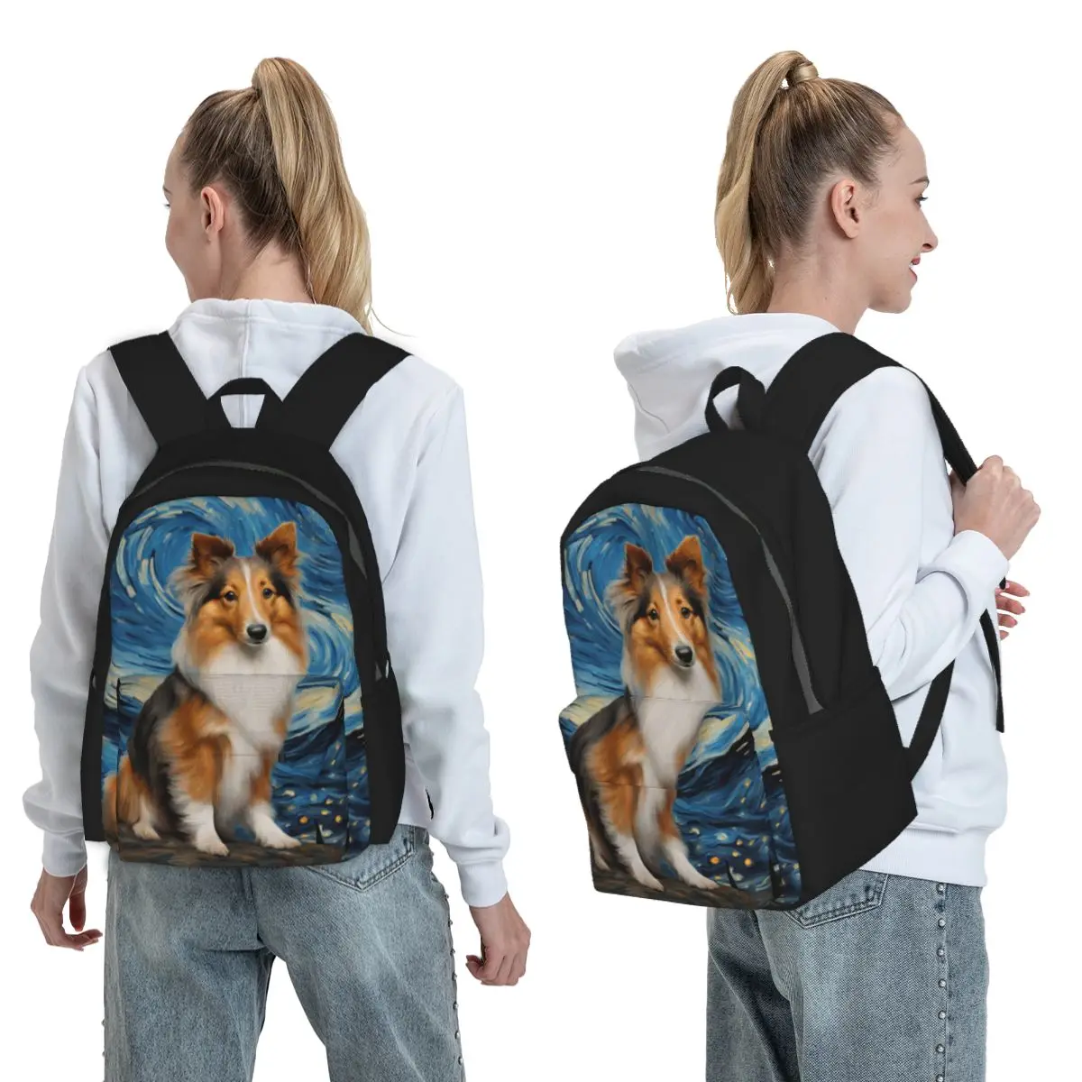 Shetland Sheepdog Dog In A Van Gogh Starry Night Backpack Boys Girls BookBag Kids School Bag Laptop Shoulder Bags for Men Women